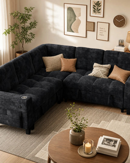 U-Shaped Modular Sleeper Sofa - Pull-Out Bed, Hidden Storage, USB Ports, 5 or 7 Seat