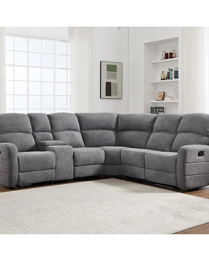 L-Shaped Reclining Corner Sofa - Padded Headrests and 2 Cup Holders, Grey Fabric