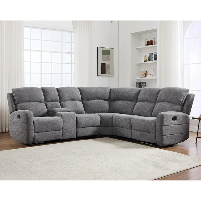 L-Shaped Reclining Corner Sofa - Padded Headrests and 2 Cup Holders, Grey Fabric