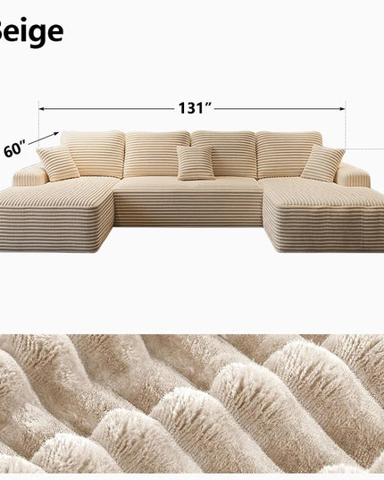 131-Inch Boneless Corduroy Cloud Sofa - U-Shaped Sectional Sofa Bed, No Assembly