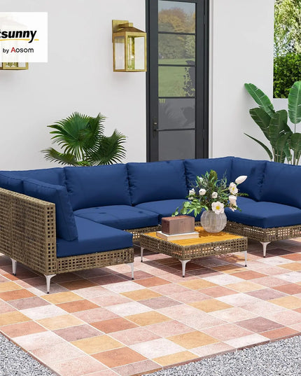 7-Piece Modular Wicker Patio Set - 2 Corner, 4 Armless Chairs, Acacia-Top Coffee Table