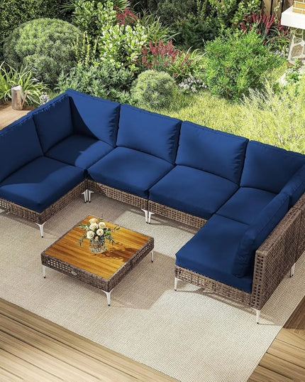 7-Piece Modular Wicker Patio Set - 2 Corner, 4 Armless Chairs, Acacia-Top Coffee Table