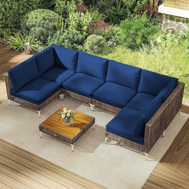 7-Piece Modular Wicker Patio Set - 2 Corner, 4 Armless Chairs, Acacia-Top Coffee Table