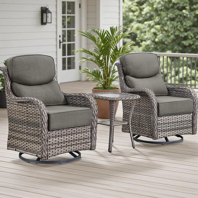 3-Piece Wicker Patio Bistro Set - 2 High-Back Swivel Chairs, Table, 6-Inch Cushions
