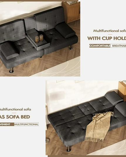 Futon Sofa Bed with Removable Armrests - Adjustable Recliner Sleeper, 2 Cup Holders