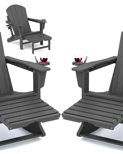 Adirondack Rocking Chairs, Set of 2 - HDPE with Retractable Footrests and Cup Holders