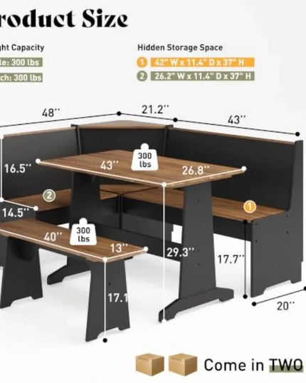 3-Piece Breakfast Nook Dining Set - Corner Bench Seating with Storage, Black Oak