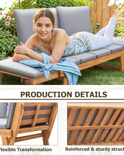 Acacia Wood Outdoor Couch - Converts to Daybed, Adjustable Armrests, Cushions Included