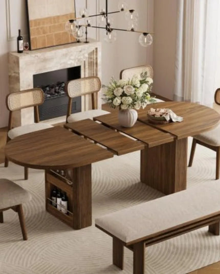 Extendable Dining Table with Fluted Pedestal Base - 63 to 86 Inches, Seats 4 to 10, Walnut