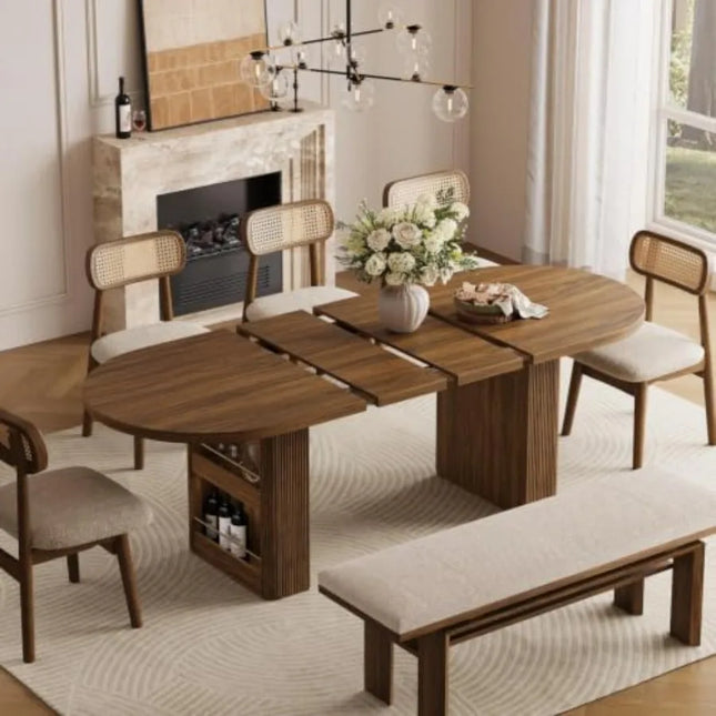 Extendable Dining Table with Fluted Pedestal Base - 63 to 86 Inches, Seats 4 to 10, Walnut