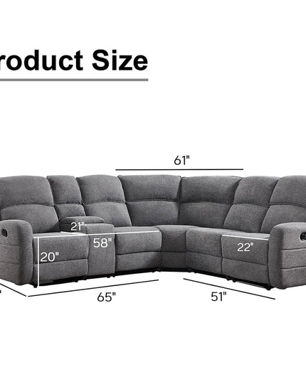 L-Shaped Reclining Corner Sofa - Padded Headrests and 2 Cup Holders, Grey Fabric