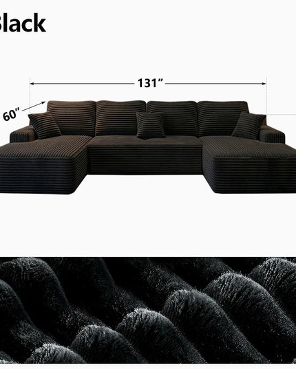 131-Inch Boneless Corduroy Cloud Sofa - U-Shaped Sectional Sofa Bed, No Assembly