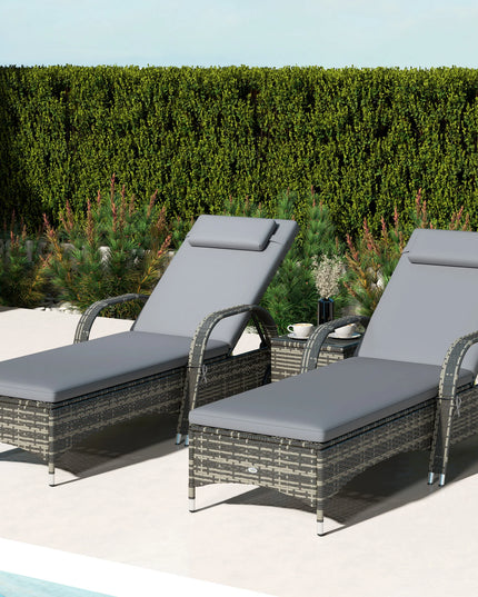 3-Piece PE Rattan Lounger Set - 2 Reclining Loungers with Wheels, Cushions, Side Table