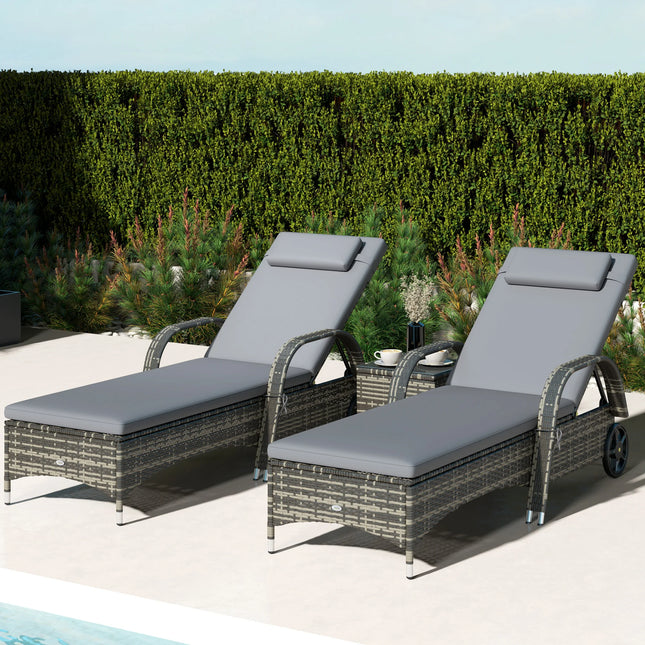 3-Piece PE Rattan Lounger Set - 2 Reclining Loungers with Wheels, Cushions, Side Table