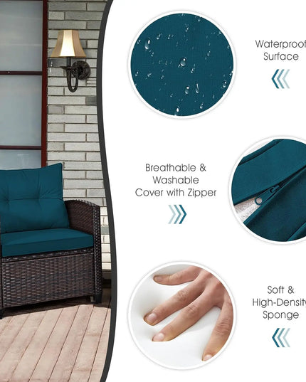 3-Piece PE Rattan Patio Set - 2 Wicker Chairs, Tempered Glass Table and 4 Cushions