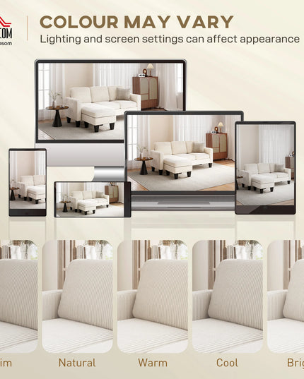 73-Inch Small L-Shaped Sectional Sofa - Reversible Chaise, Cream Corduroy, Seats 3