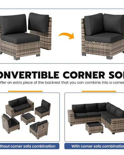 6-Piece Patio Sectional - 5 Conversation Sofas and Tempered Glass Table, Thick Cushions