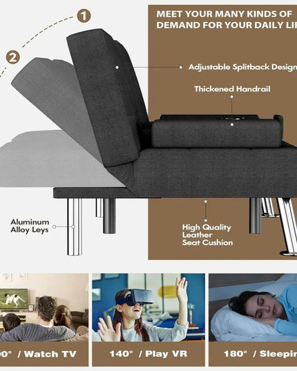 Futon Sofa Bed with Removable Armrests - Adjustable Recliner Sleeper, 2 Cup Holders