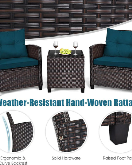 3-Piece PE Rattan Patio Set - 2 Wicker Chairs, Tempered Glass Table and 4 Cushions