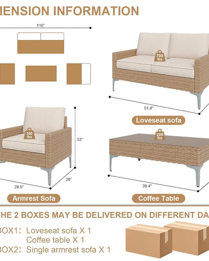 4-Piece Wicker Patio Set - Loveseat, 2 Armchairs and Glass Table in Grey or Beige