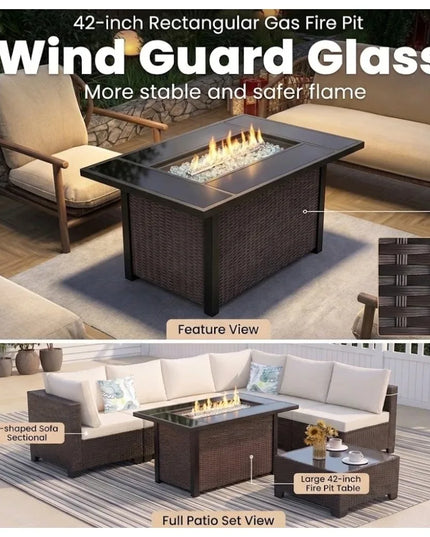 8-Piece Wicker Patio Set with 43-Inch Propane Fire Pit Table - 4-Inch Cushions, 2 Pillows