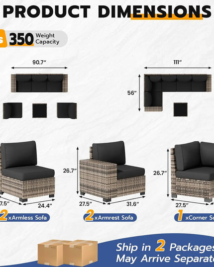 6-Piece Patio Sectional - 5 Conversation Sofas and Tempered Glass Table, Thick Cushions