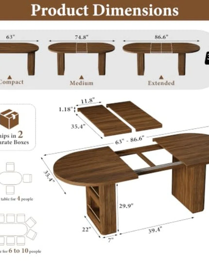 Extendable Dining Table with Fluted Pedestal Base - 63 to 86 Inches, Seats 4 to 10, Walnut