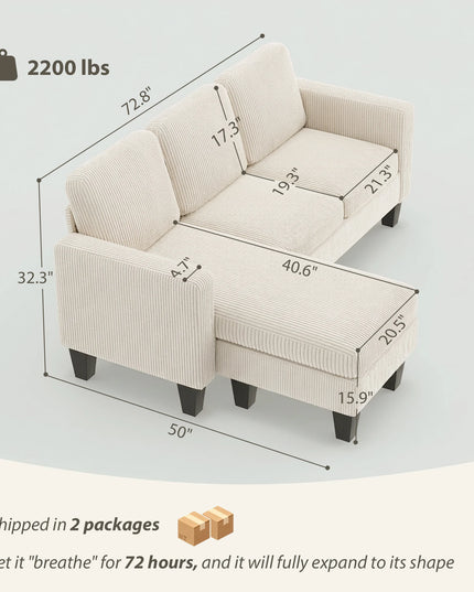 73-Inch Small L-Shaped Sectional Sofa - Reversible Chaise, Cream Corduroy, Seats 3
