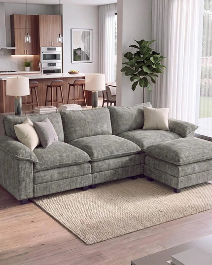 Chenille L-Shaped Sofa with Movable Ottoman - 30-Inch Deep Seat, Washable Cover, Grey