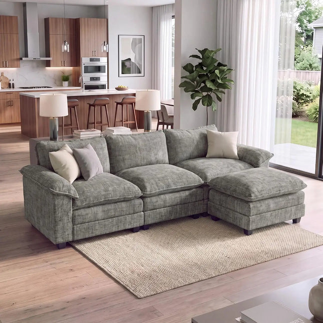 Chenille L-Shaped Sofa with Movable Ottoman - 30-Inch Deep Seat, Washable Cover, Grey
