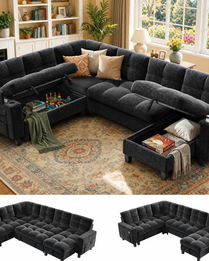 U-Shaped Modular Sleeper Sofa - Pull-Out Bed, Hidden Storage, USB Ports, 5 or 7 Seat