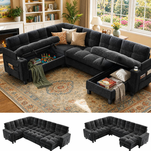 U-Shaped Modular Sleeper Sofa - Pull-Out Bed, Hidden Storage, USB Ports, 5 or 7 Seat
