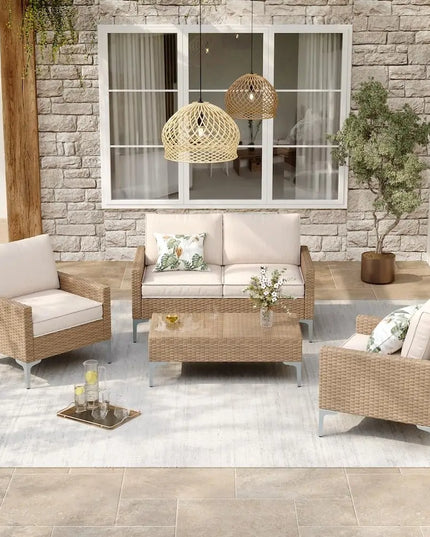 4-Piece Wicker Patio Set - Loveseat, 2 Armchairs and Glass Table in Grey or Beige