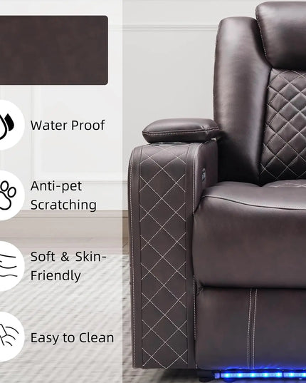 Electric Power Recliner Home Theater Chair - Adjustable Headrest, LED, USB, Cup Holders