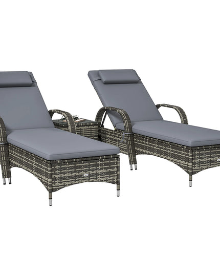 3-Piece PE Rattan Lounger Set - 2 Reclining Loungers with Wheels, Cushions, Side Table