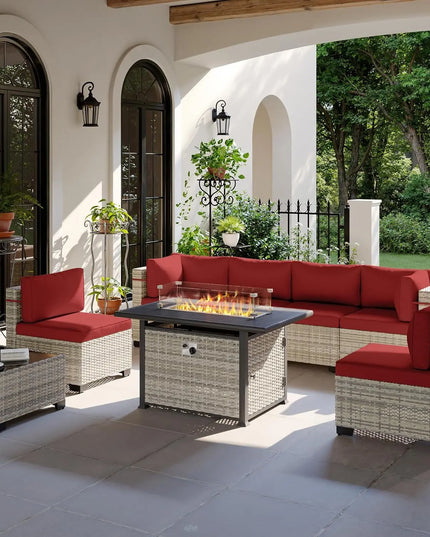 8-Piece Modular Wicker Patio Set - 6 Seats, Coffee Table and 55,000 BTU Fire Pit