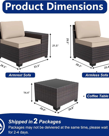 6-Piece Patio Sectional - 2 Armrest Sofas, 3 Armless Sofas and Glass Coffee Table
