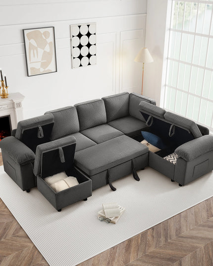 112-Inch L-Shaped Modular Sectional Sofa Bed - Movable Ottoman and Side Storage Pockets