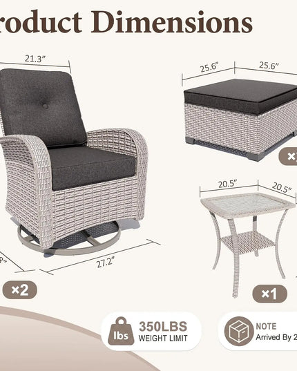 5-Piece Wicker Swivel Rocker Set - Rockers, Ottomans, Glass Table and Cushions, 5 Colours