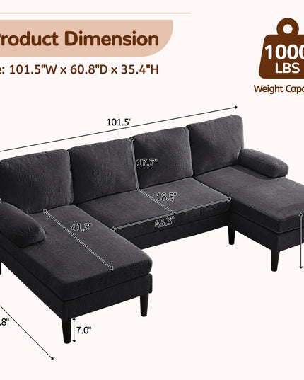 4-Seat Corner Sleeper Sofa - Velvet and Chenille, Removable Cushions, 101.5 Inches