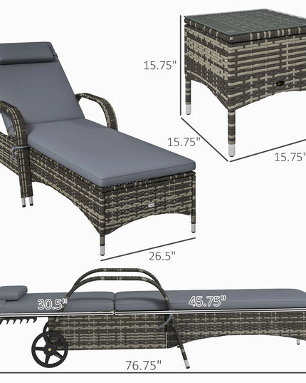 3-Piece PE Rattan Lounger Set - 2 Reclining Loungers with Wheels, Cushions, Side Table