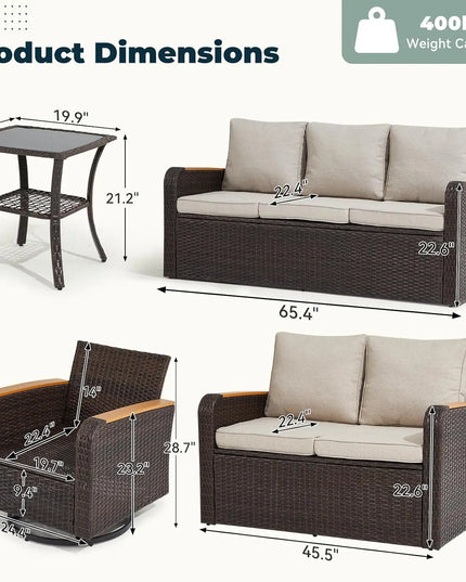 6-Piece Patio Set with Swivel Chairs - Wicker Sofa with HDPE Armrests, Brown and Khaki