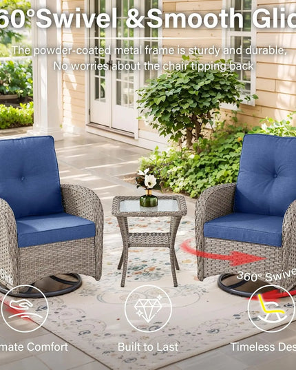 3-Piece Swivel Rocker Patio Set - 2 Wicker Rockers and Glass Side Table, 8 Colourways