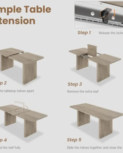 Space-Saving Extendable Dining Table - 63 to 82.7 Inches, Rounded Corners, Grey