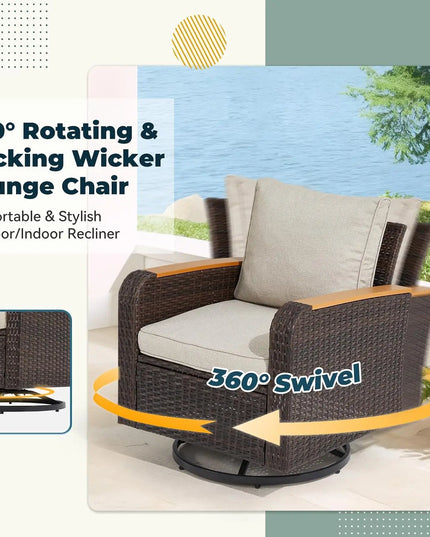 6-Piece Patio Set with Swivel Chairs - Wicker Sofa with HDPE Armrests, Brown and Khaki