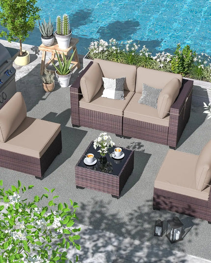 5-Piece Wicker Patio Sectional - 2 Corner Sofas, 2 Armless Sofas and Coffee Table